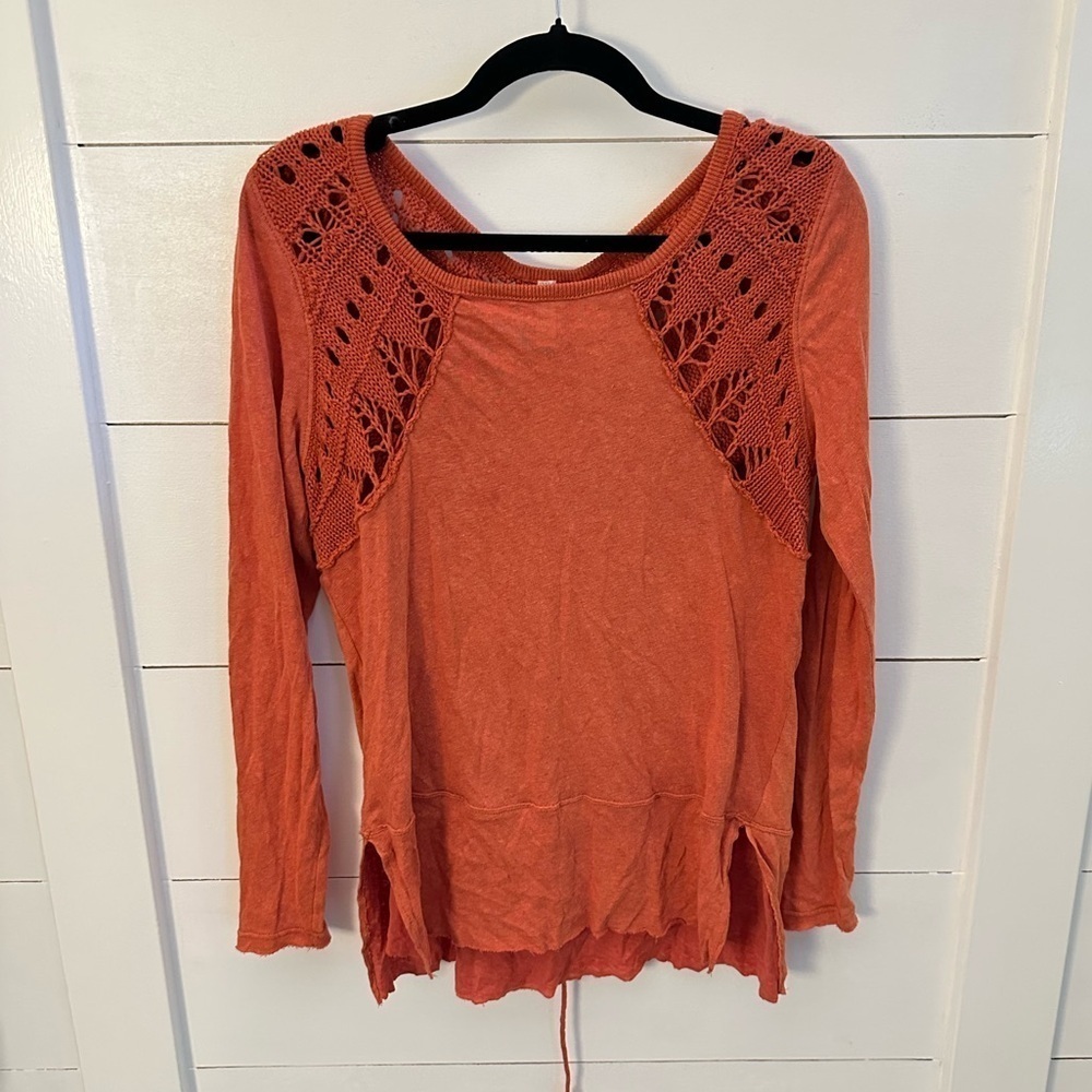 FREE PEOPLE Woman Crochet back bohemian shabby chic cotton long sleeve tunic M - Picture 2 of 15